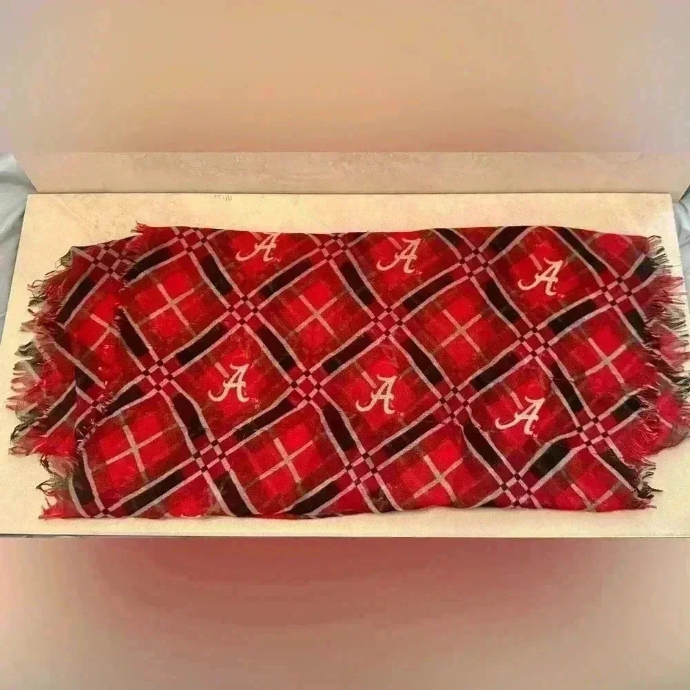 Alabama Crimson Tide Infinity Scarf LOGO Gauzy Sheer Lightweight Red Plaid